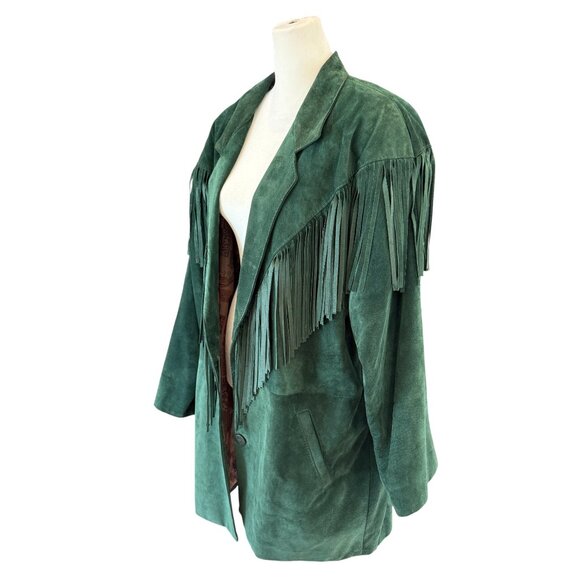 Vintage P.E. Canada Green Suede Fringe Jacket Size L Made in Canada - Picture 2 of 10
